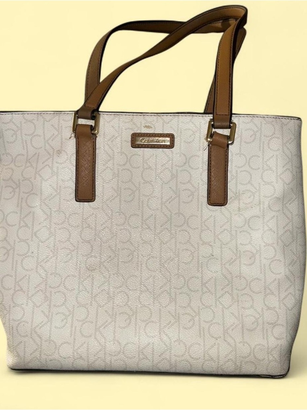 Calvin Klein Cream Logo Tote with Tan Brown Straps